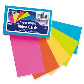 Pacon Index Cards, Unruled, 3 in x 5 in, Super Bright Assorted Colors, 100 Cards/Pack
