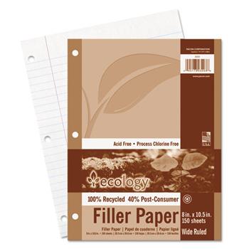 Pacon Ecology Filler Paper, Wide Rule, 3-Hole Punched, 8&quot; x 10.5&quot;, White, 150 Sheets/Pack