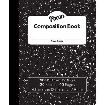 Pacon Flexible Composition Book, Wide Ruled, 7&quot; x 8.5&quot;, White Paper, Black Marble Cover, 20 Sheets
