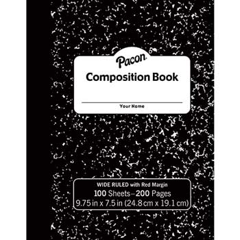 Pacon Soft Composition Book, Wide Ruled, 7.5&quot; x 9.75&quot;, White Paper, Black Marble Cover, 100 Sheets