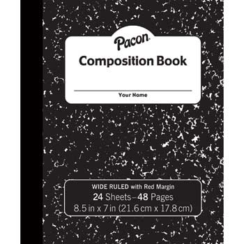 Pacon Flexible Composition Book, Wide Ruled, 7&quot; x 8.5&quot;, White Paper, Black Marble Cover, 24 Sheets