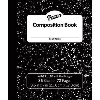 Pacon Flexible Composition Book, Wide Ruled, 7&quot; x 8.5&quot;, White Paper, Black Marble Cover, 36 Sheets