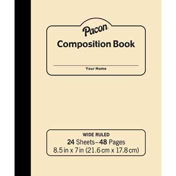 Pacon Stitched Tag Composition Book, Wide Ruled, 7&quot; x 8.5&quot;, White Paper, Manila Cover, 24 Sheets