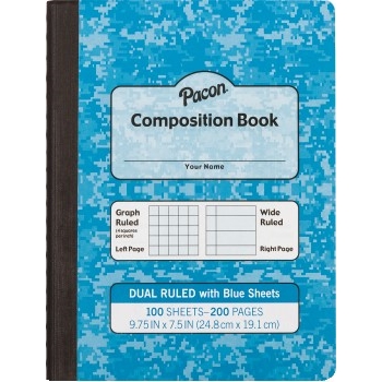 Pacon Dual Ruled Composition Book, Graph/Wide Ruled, 9.75&quot; x 7.5&quot;, White Paper, Blue Cover, 100 Sheets