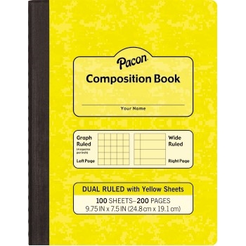 Pacon Dual Ruled Composition Book, Graph/Wide Ruled, 9.75&quot; x 7.5&quot;, White Paper, Yellow Cover, 100 Sheets