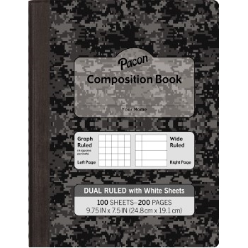 Pacon Dual Ruled Composition Book, Graph/Wide Ruled, 9.75&quot; x 7.5&quot;, White Paper, Black Cover, 100 Sheets