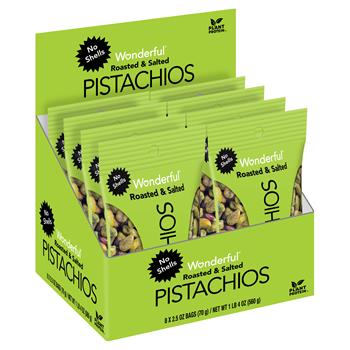 Wonderful No Shells Pistachios, Roasted &amp; Salted, 2.5 oz., 8 Bags/Box