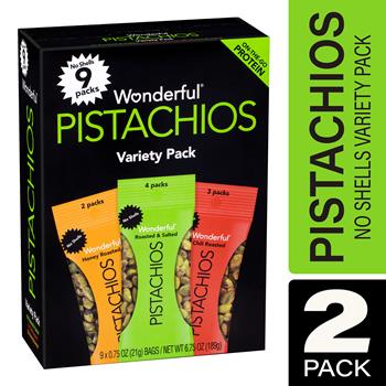 Wonderful Pistachios No Shell Variety Pack, Roasted Salted, Honey Roasted, Chili Roasted, 0.75 oz, 9/Box, 2 Boxes/PK