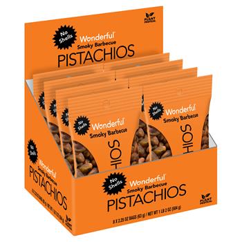Wonderful No Shells Pistachios, BBQ, 2.25 oz., 8 Bags/Box, 3 Boxes/Case