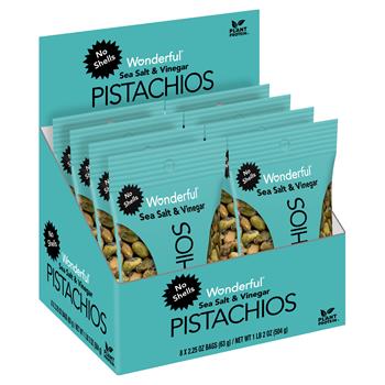 Wonderful No Shells Pistachios, Salt &amp; Vinegar, 2.25 oz., 8 Bags/Box