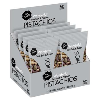Wonderful No Shells Pistachios, Sea Salt &amp; Pepper, 2.25 oz., 8 Bags/Box