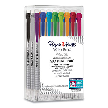 Paper Mate Write Bros Mechanical Pencil, 0.5 mm, HB (#2), Black Lead, Silver Barrel with Assorted Clip Colors, 24/PK