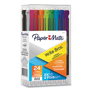 Paper Mate Write Bros Mechanical Pencil, 0.7 mm, HB (#2), Black Lead, Black Barrel with Assorted Clip Colors, 24/PK