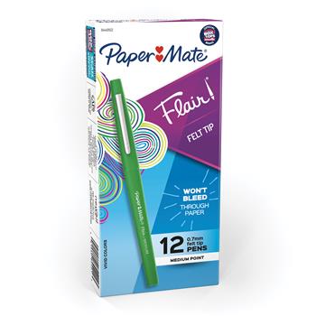 Paper Mate Point Guard Flair Porous Point Stick Pen, Green Ink, Medium, Dozen
