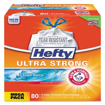 Hefty Ultra Strong Tall Kitchen Bags, 13gal, .9 mil, White, Clean Burst, 80/Box
