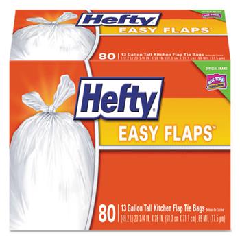 Hefty Easy Flaps Tall-Kitchen Trash Bags, 13 gal., 0.8 Mil, White, 80/BX