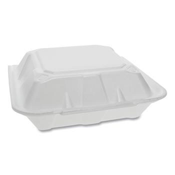 Pactiv Dual Tab Lock Clamshell Container, Foam, Square, 9&quot; L x 9&quot; W x 3-1/4&quot; H, White, 150/Carton