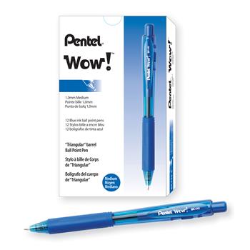 Pentel WOW! Retractable Ballpoint Pen, 1mm, Blue Barrel/Ink, Dozen