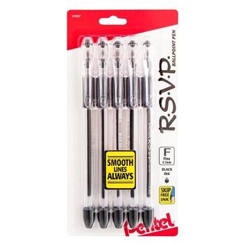 Pentel R.S.V.P. Ballpoint Pens, 0.7mm Point, Black, 5/Pack