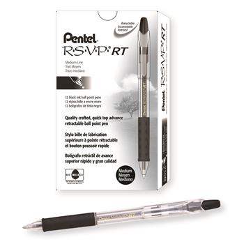 Pentel R.S.V.P. RT Retractable Ballpoint Pen, 1mm, Clear Barrel, Black Ink, Dozen