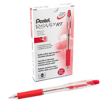 Pentel R.S.V.P. RT Retractable Ballpoint Pen, 1mm, Clear Barrel, Red Ink, Dozen