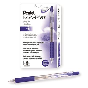 Pentel R.S.V.P. RT Retractable Ballpoint Pen, 1mm, Clear Barrel, Blue Ink, Dozen