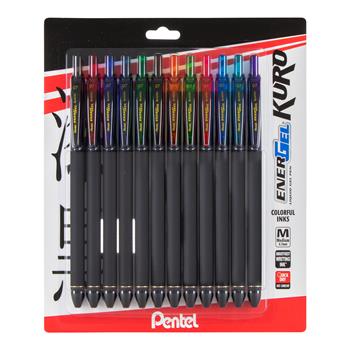 Pentel EnerGel Kuro Liquid Gel Retractable Pens, Assorted Liquid Gel Ink, 12/PK