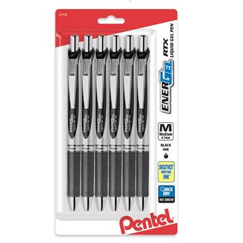 Pentel EnerGel RTX Retractable Liquid Gel Pens, 0.7mm, Black Ink, 6/Pack
