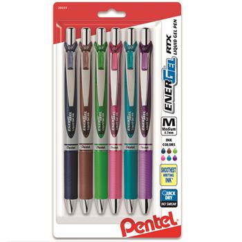 Pentel EnerGel RTX Retractable Liquid Gel Pen, Metal, 0.7 mm, Assorted Ink, 6/PK