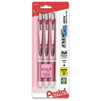 Pentel EnerGel RTX Retractable Liquid Gel Pen, .7mm, Pink Barrel, Black Ink, 3/PK