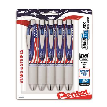 Pentel EnerGel RTX Retractable Liquid Gel Pen, .7mm, Flag Barrel, Black Ink,5/PK