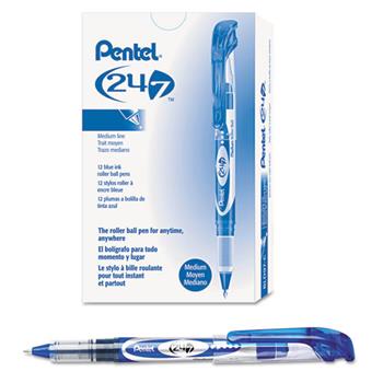 Pentel 24/7 Stick Roller Ball Pen, .7mm, Blue/Silver, Blue Ink, Dozen