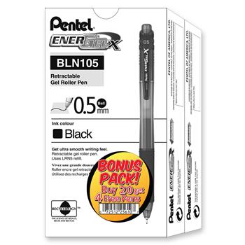Pentel EnerGel-X Retractable Roller Gel Pen, .5mm, Black Barrel/Ink, 24/PK