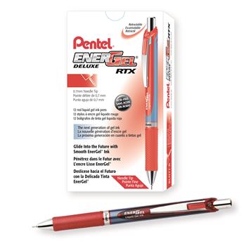Pentel Energel&#174; Deluxe Retractable Gel Pens, Needle Point, Red Ink, Dozen