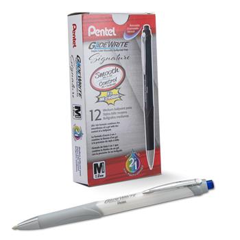 Pentel GlideWrite Signature 1.0mm Ballpoint Pen, White, Blue Gel-Based Ink, Dozen