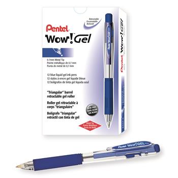 Pentel WOW! Retractable Gel Pen, .7mm, Translucent Barrel, Blue Ink, Dozen