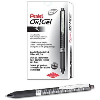 Pentel Oh! Gel Retractable Roller Pen, .7mm, Black Barrel/Ink, Dozen