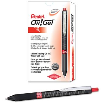 Pentel Oh! Gel Retractable Roller Pen, .7mm, Black Barrel, Red Ink, Dozen