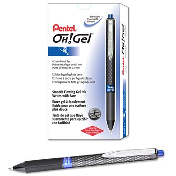 Pentel Oh! Gel Retractable Roller Pen, .7mm, Black Barrel, Blue Ink, Dozen