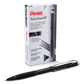 Pentel&#174; Twist-Erase GT Pencils, 0.5 mm, Black, Dozen