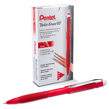 Pentel Twist-Erase GT Pencils, 0.5 mm, Red, Dozen