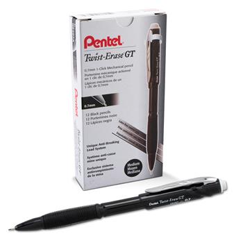 Pentel&#174; Twist-Erase GT Pencils, 0.7 mm, Black, Dozen