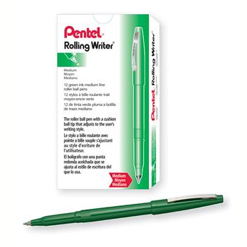 Pentel Rolling Writer Stick Roller Ball Pen, .8mm, Green Barrel/Ink, Dozen