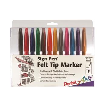 Pentel Arts Sign Pen Fine Point Color Marker, Bullet Tip, .7mm, Assorted, 12/Set