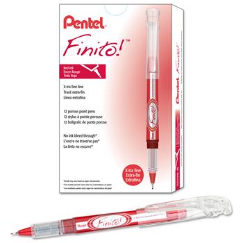 Pentel Finito! Porous Point Pen, .4mm, Red/Silver Barrel, Red Ink, Dozen