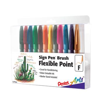 Pentel Sign Pen Brush Flexible Point Marker Pen, Assorted, 12/PK