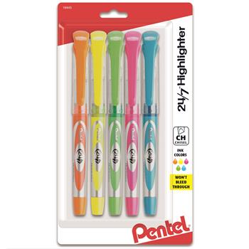 Pentel 24/7 Highlighter, Chisel Tip, Blue/Green/Orange/Pink/Yellow Ink, 5/Set