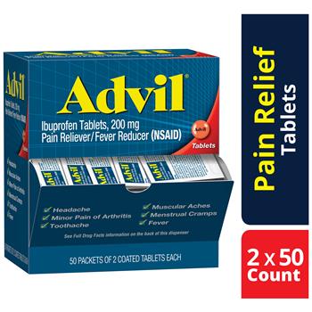 Advil Pain Reliever and Fever Reducer, 200mg Coated Ibuprofen Tablets, 2 Tablet Packets, 50 Packets/BX