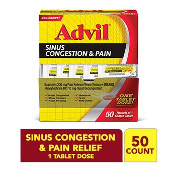 Advil Sinus Congestion and Pain, 200mg Ibuprofen and 10mg Phenylephrine HCl Tablets, 1 Tablet Packets, 50 Packets/BX