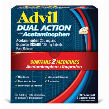 Advil Dual Action Coated Caplets, 250 Mg Ibuprofen and 500 Mg Acetaminophen for Pain Relief, 2 per Packet, 50 Packets/Box